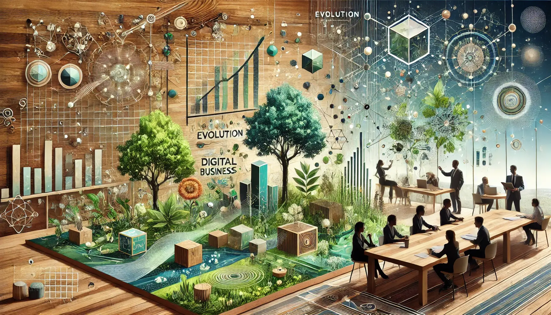 DALL·E 2024-11-19 15.00.45 - A visually engaging illustration representing the concept of digital business and its evolution, enhanced with elements of nature and wood. The scene 